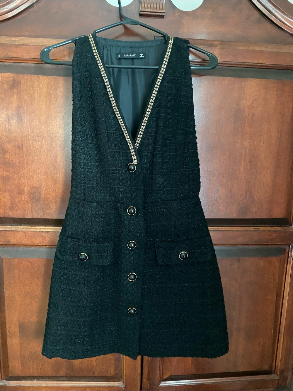 Zara Black Tweed Mini Dress with Gold-Trim V-Neck